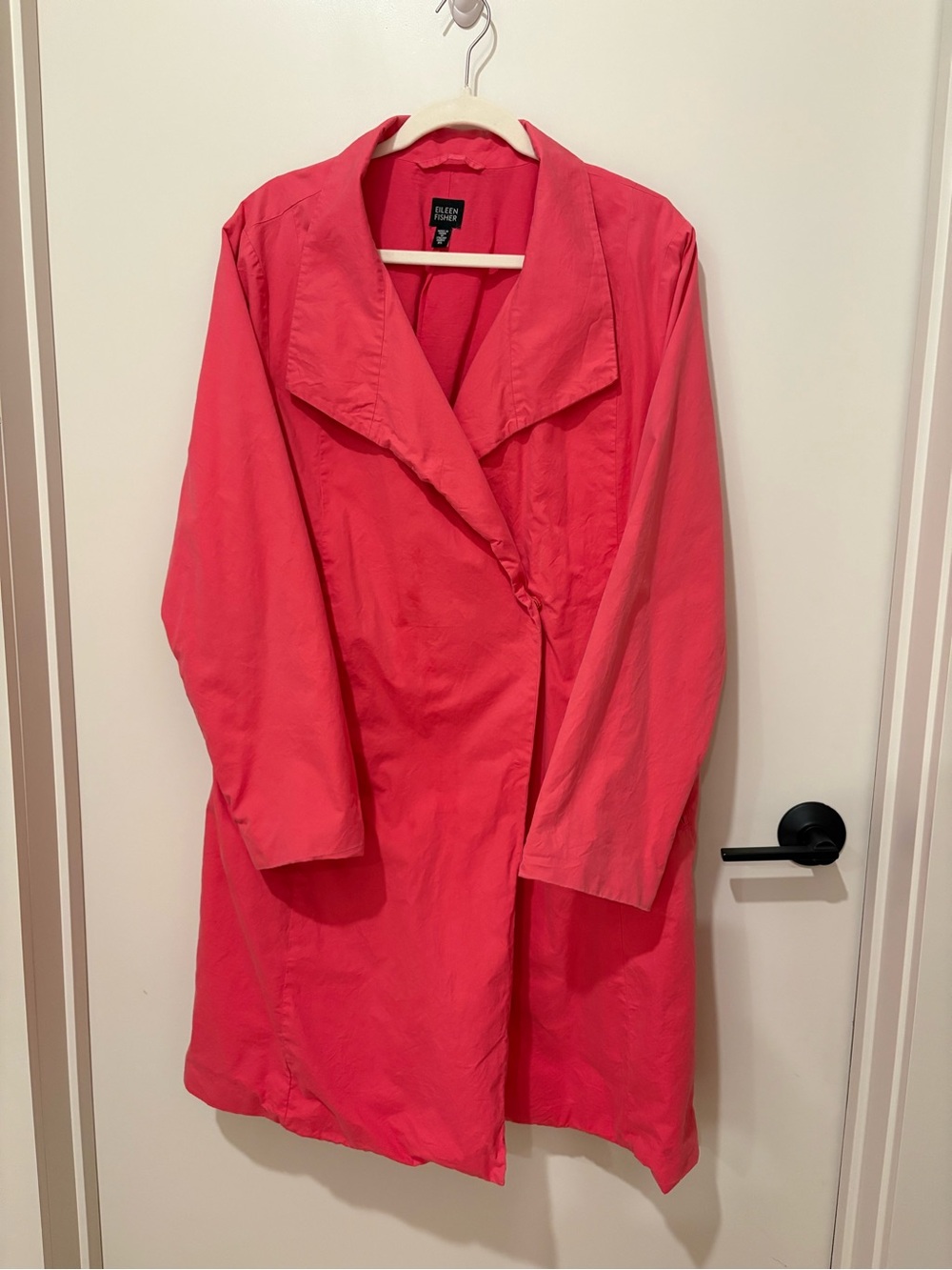 EILEEN FISHER Hot Pink Cotton-Nylon Trench Coat Snap Front Duster Pockets Fun XL